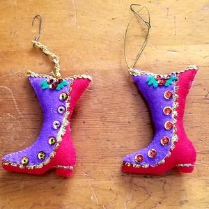 Vintage Handmade Victorian Boot Christmas Ornament Red Purple Felt